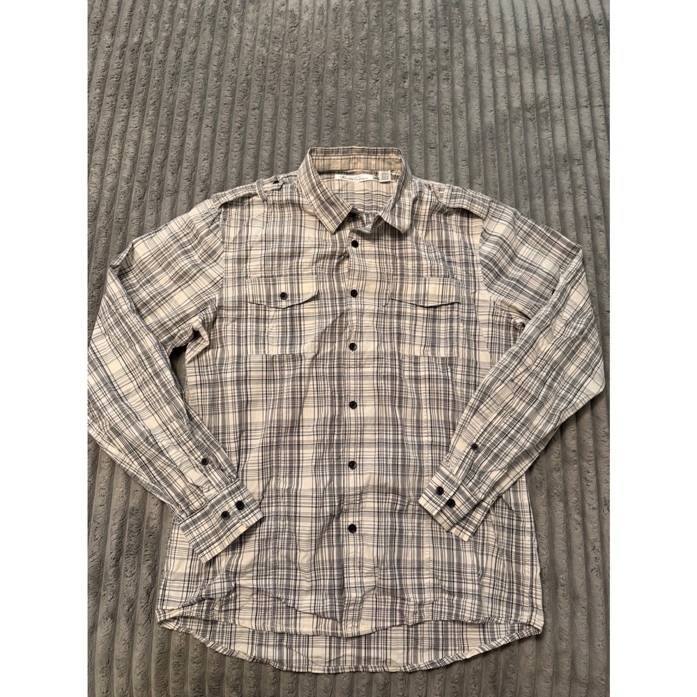 Kenneth Cole New York Mens Large Plaid Button Down Shirt White Navy Blue L/S